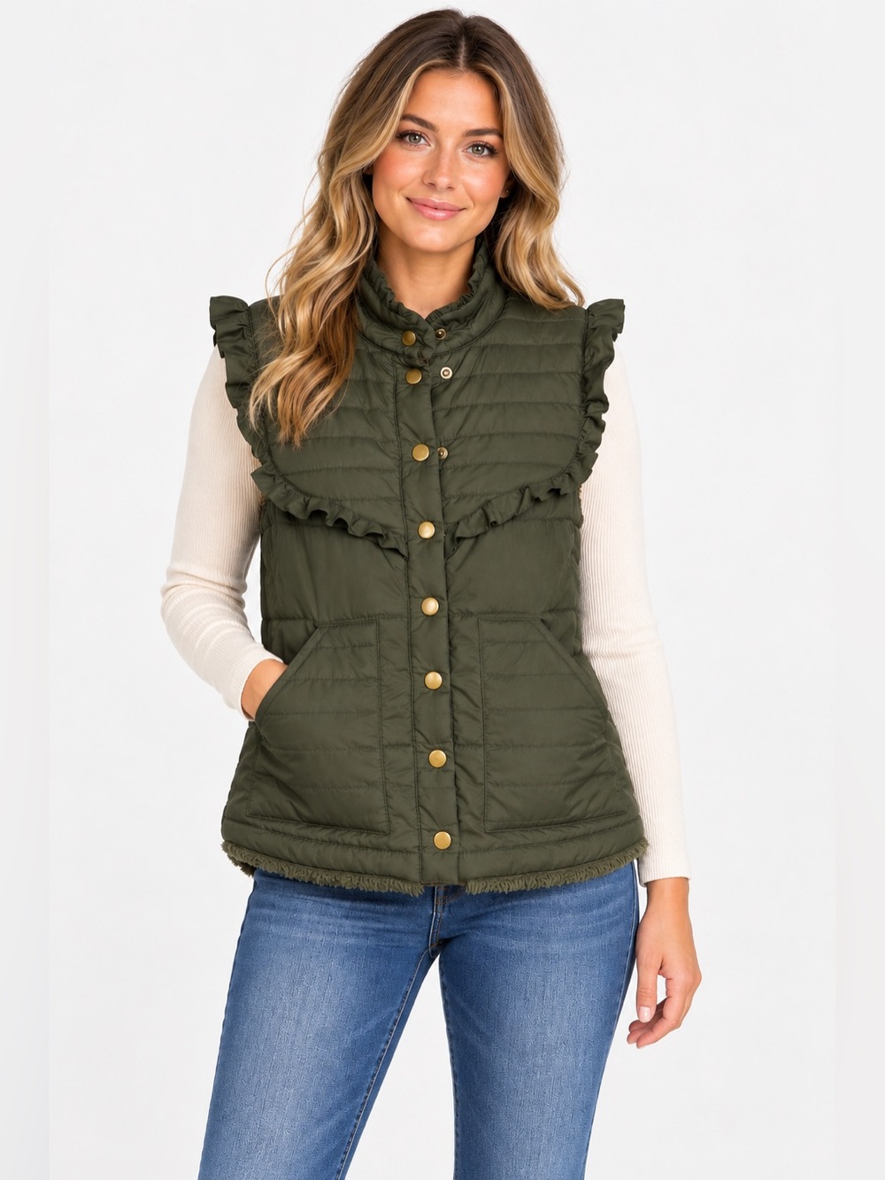 Free People Women’s Small Reversible Sherpa Quilted Vest Olive Green Ruffle Boho
